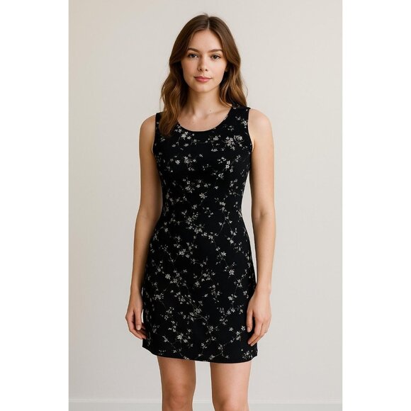 Vintage 1990s Black Velvet Sleeveless Mini Dress – Boat Neck with Silver Floral - Picture 1 of 9